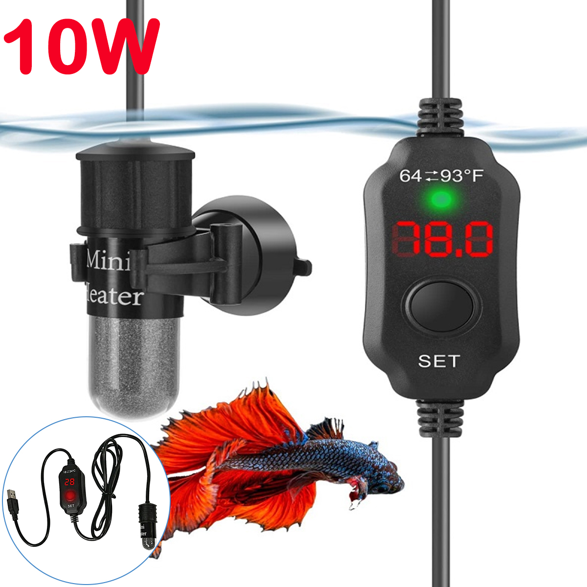 Aquarium Heater Submersible - 10W Adjustable Aquarium Heater Rod 18-34°C